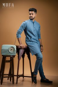 Navy Blue Jacquard Long Kurta