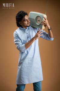 Blue Dobby Long Kurta